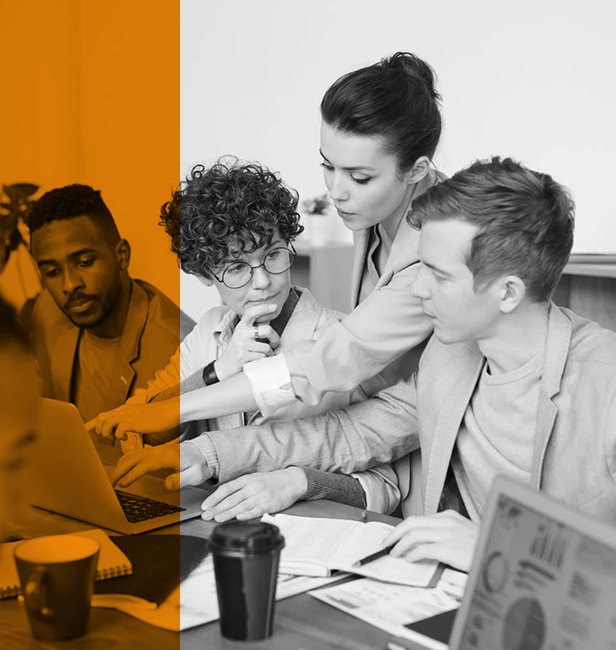 a group of people working together